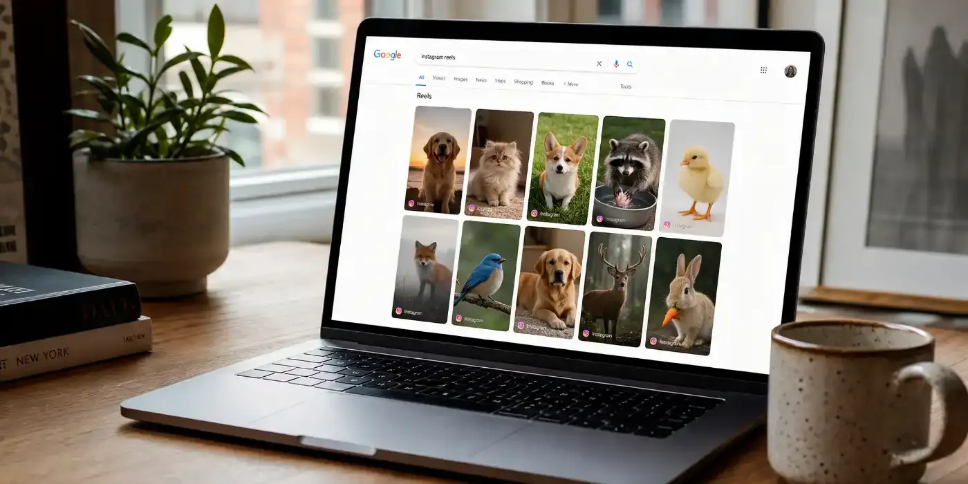 Resultados de Google mostrando publicaciones de Instagram en una laptop