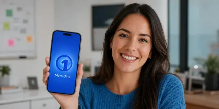 Mujer con suéter azul sosteniendo un teléfono con el logotipo de Meta One en una oficina