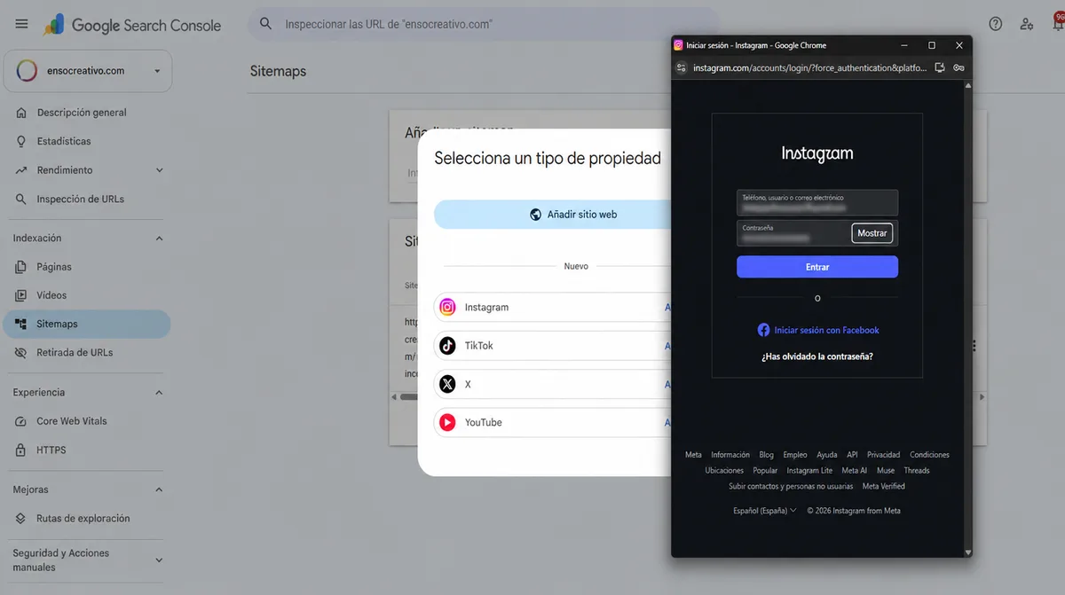 Google Search Console mostrando Instagram, TikTok, X y YouTube como propiedades de plataforma junto al inicio de sesión de Instagram