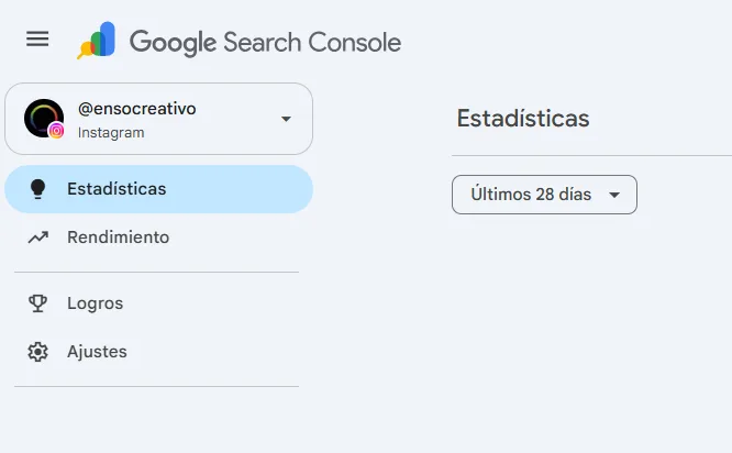 Panel de Google Search Console con las estadísticas de una cuenta de Instagram en los últimos 28 días