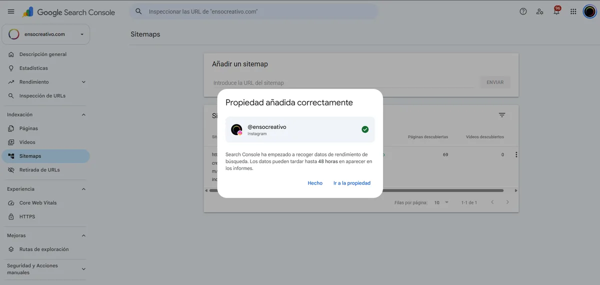 Google Search Console confirma que una cuenta de Instagram se añadió correctamente como propiedad