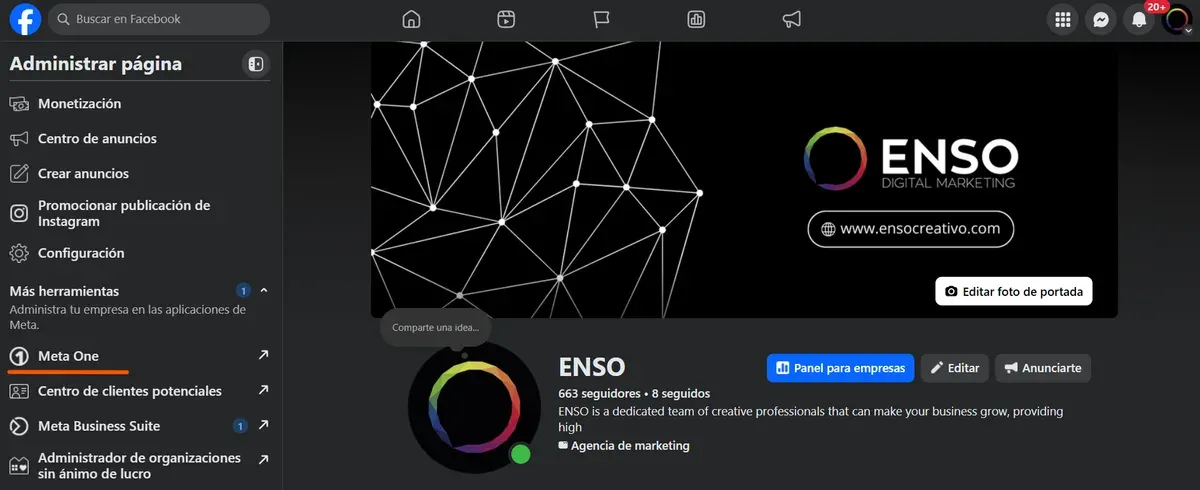 Panel de administración de una página de Facebook con la nueva opción Meta One señalada en el menú lateral